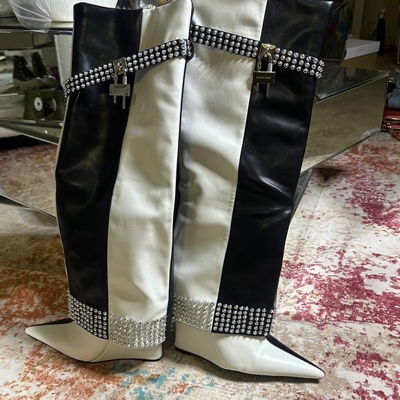 Chic Black and White Studded Over the Knee Boots - Picture 3 of 5